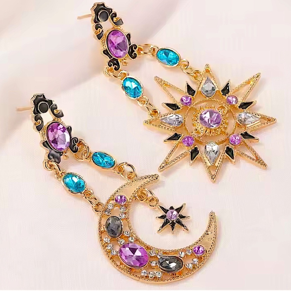 Celestial Moon Star Gold Plated Dangle Earrings Statement accent Stones - Picture 11 of 14